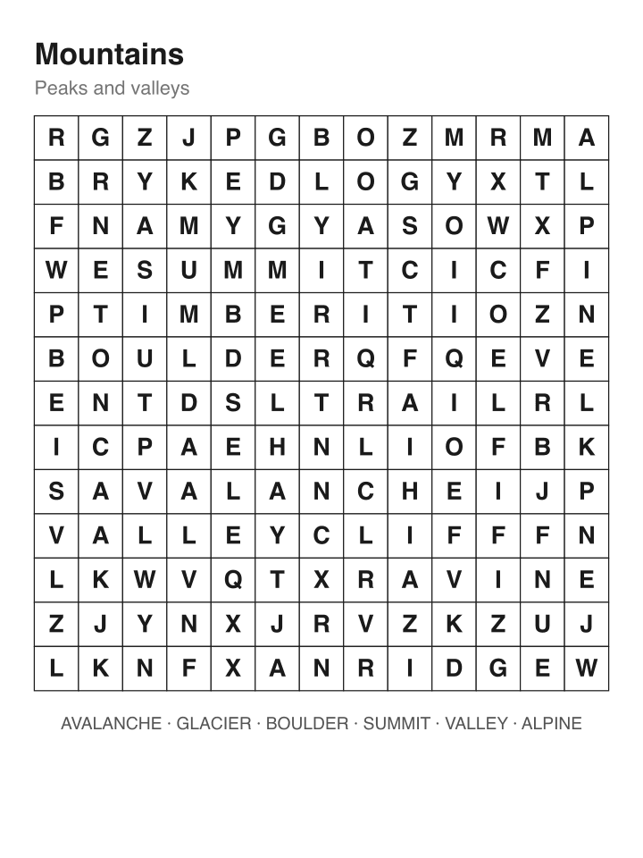 Mountains word search puzzle, 13 by 13 grid
