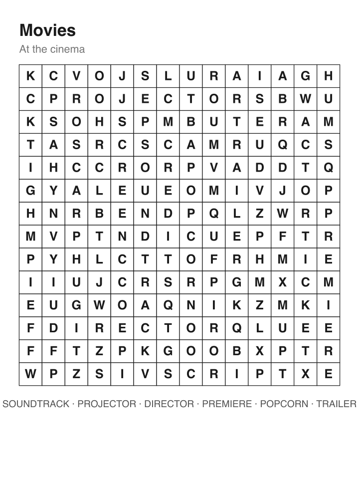 Movies word search puzzle, 14 by 14 grid