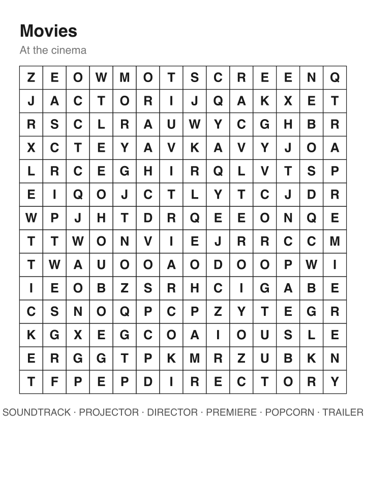 Movies word search puzzle, 14 by 14 grid