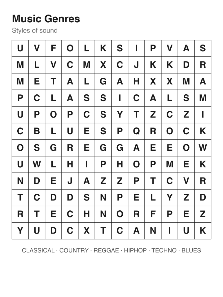 Music Genres word search puzzle, 12 by 12 grid