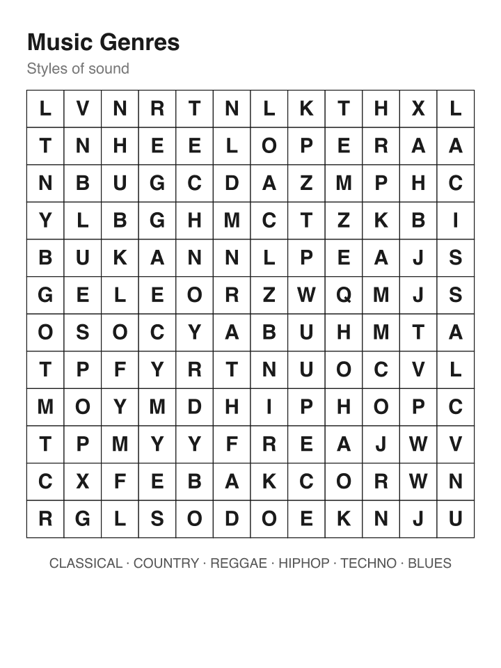 Music Genres word search puzzle, 12 by 12 grid