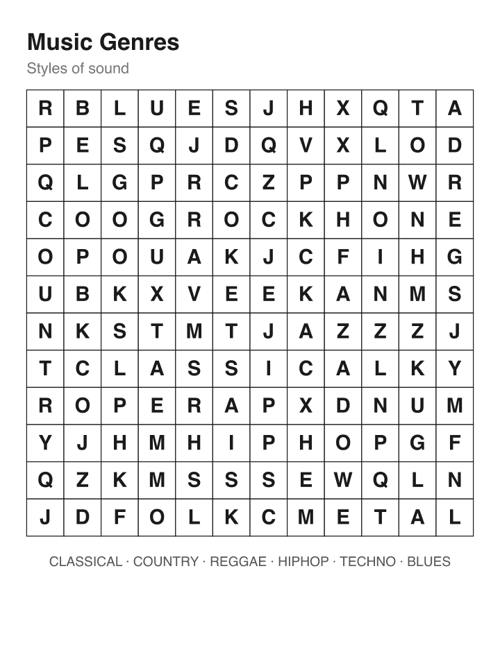 Music Genres word search puzzle, 12 by 12 grid