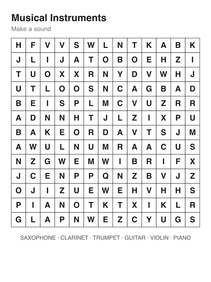 Musical Instruments word search puzzle, 13 by 13 grid