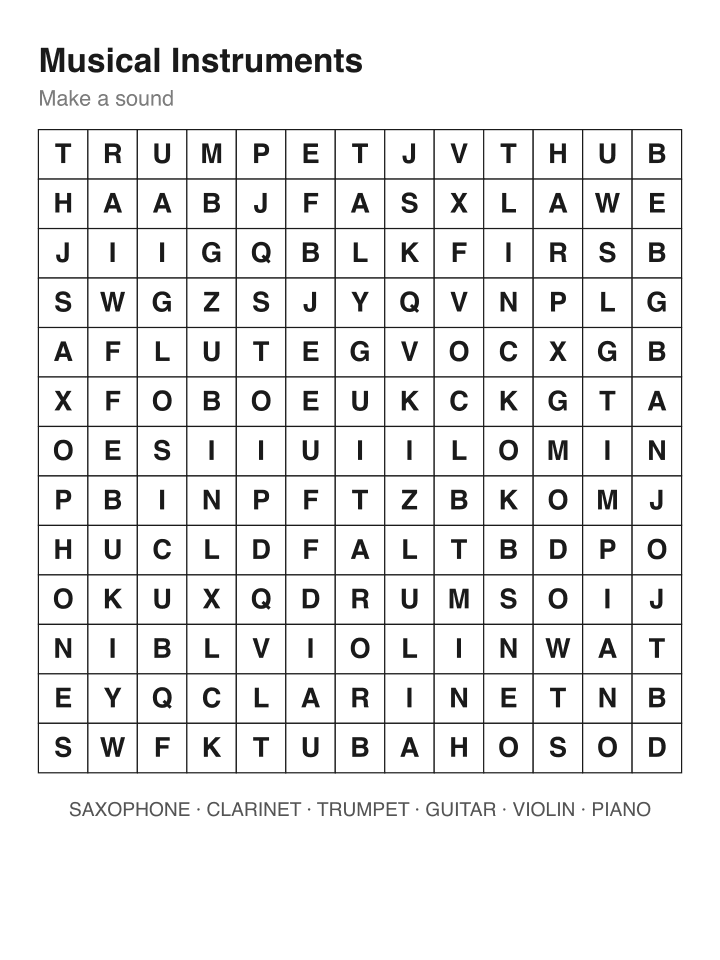 Musical Instruments word search puzzle, 13 by 13 grid