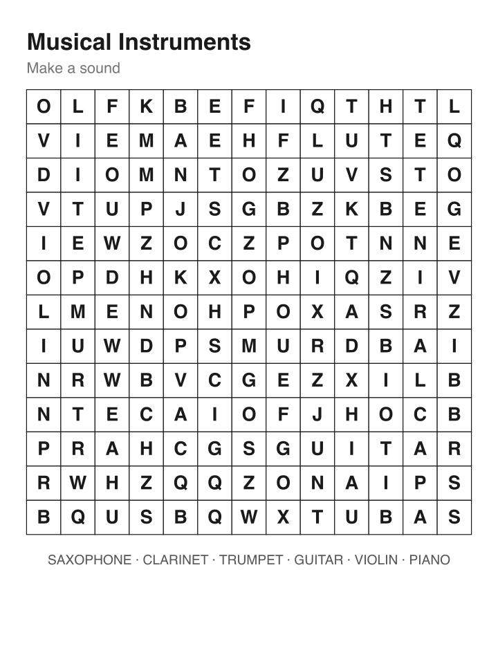 Musical Instruments word search puzzle, 13 by 13 grid