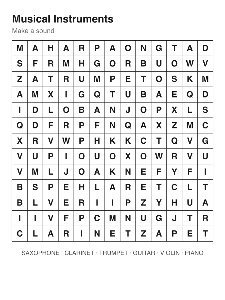 Musical Instruments word search puzzle, 13 by 13 grid
