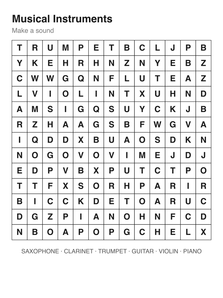 Musical Instruments word search puzzle, 13 by 13 grid