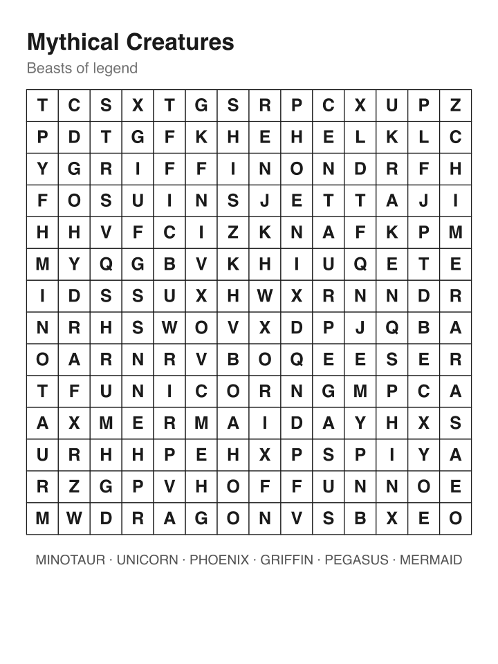 Mythical Creatures word search puzzle, 14 by 14 grid