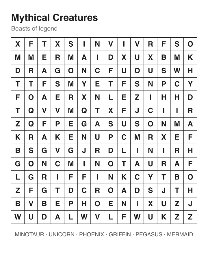Mythical Creatures word search puzzle, 14 by 14 grid