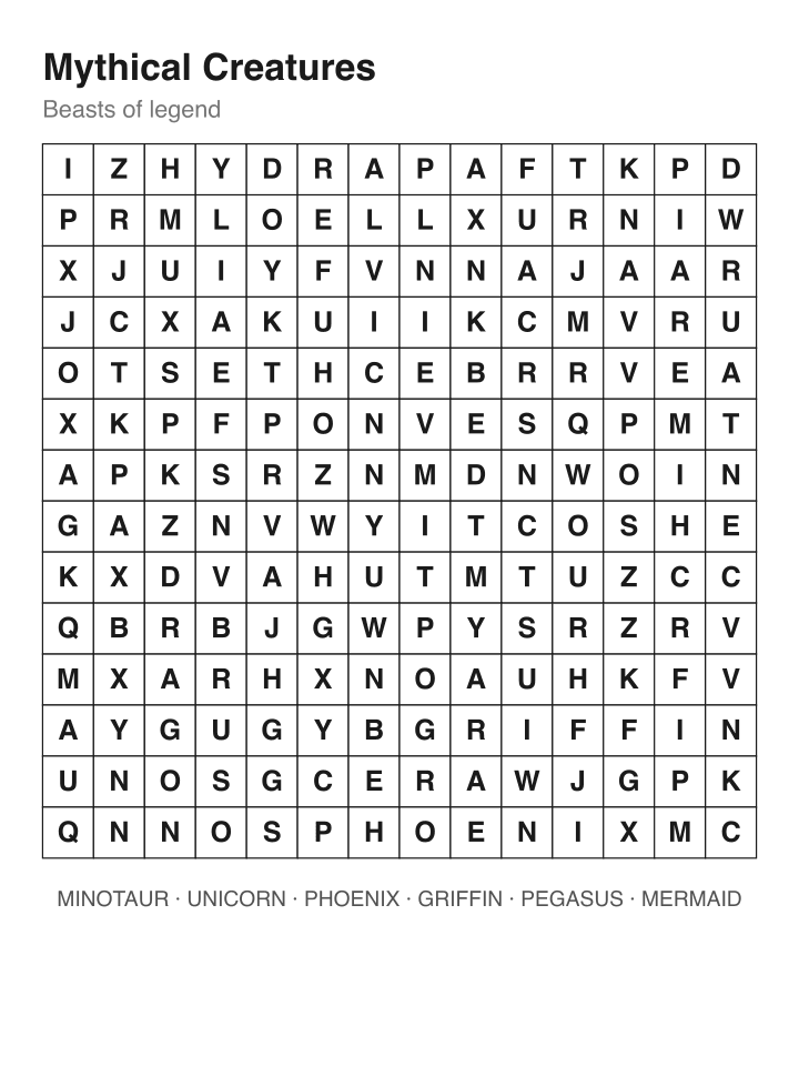 Mythical Creatures word search puzzle, 14 by 14 grid