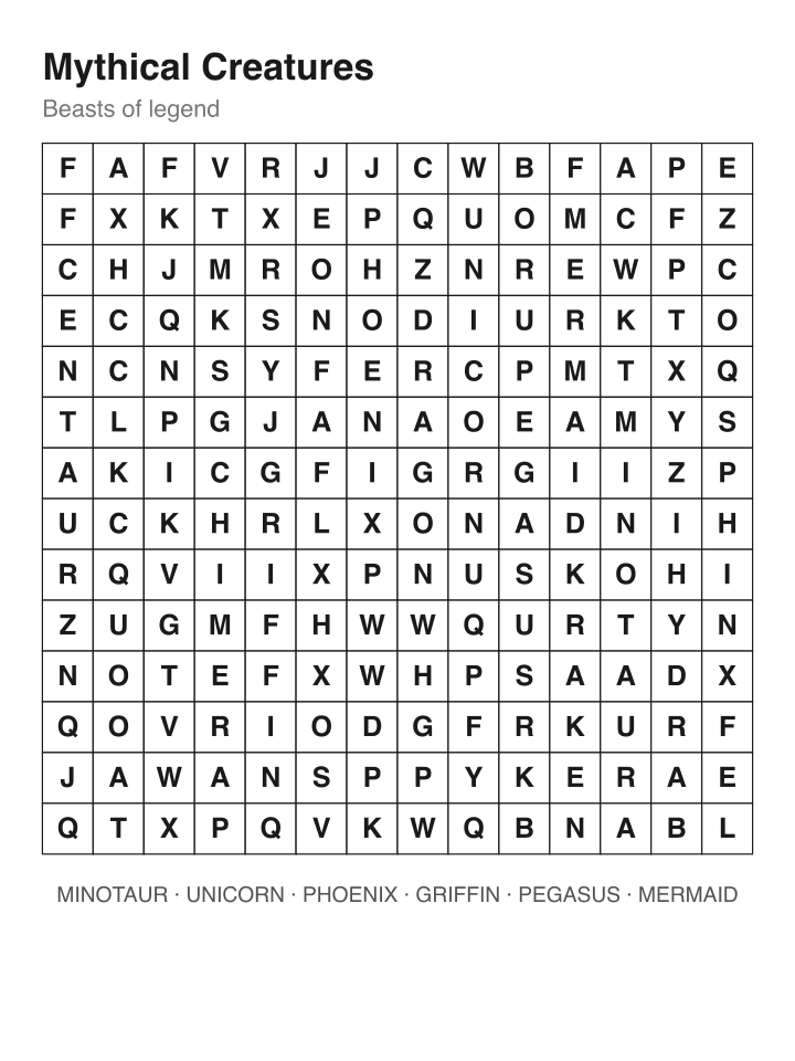 Mythical Creatures word search puzzle, 14 by 14 grid
