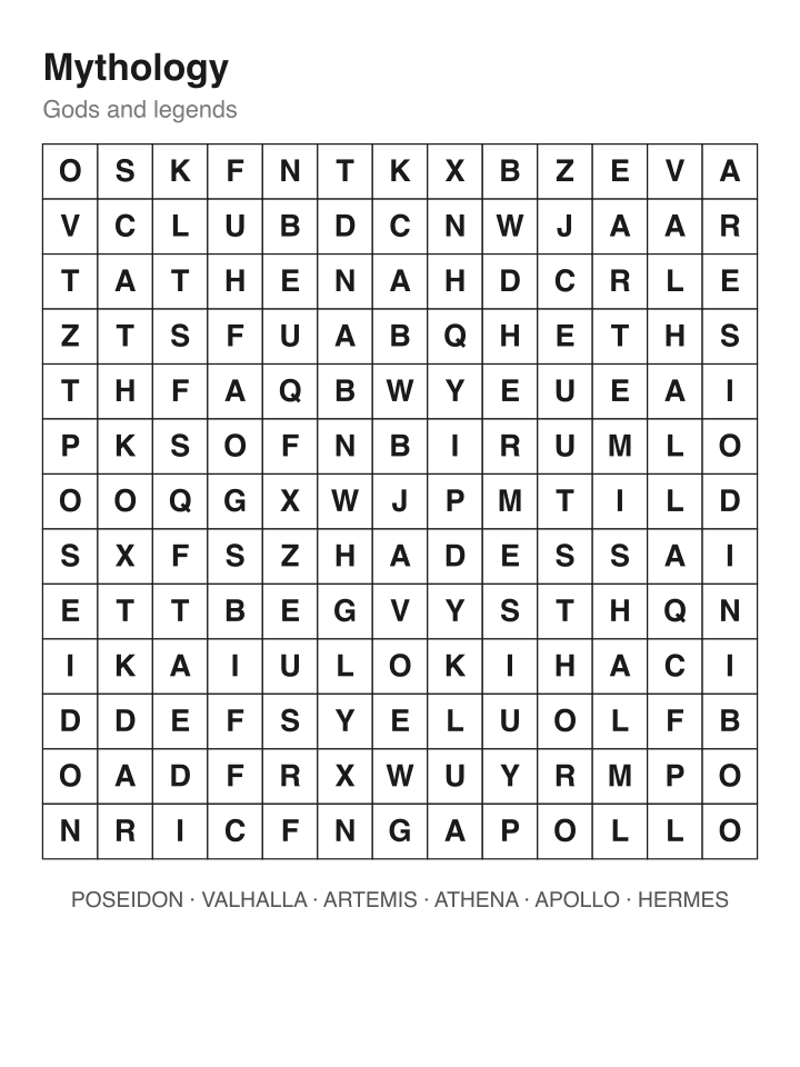 Mythology word search puzzle, 13 by 13 grid