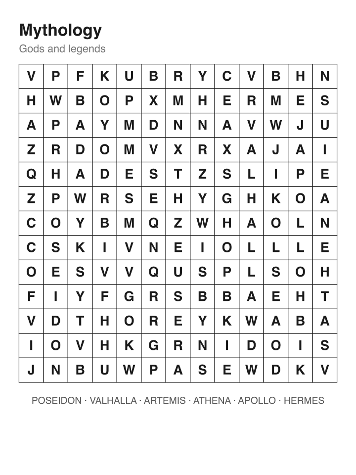 Mythology word search puzzle, 13 by 13 grid
