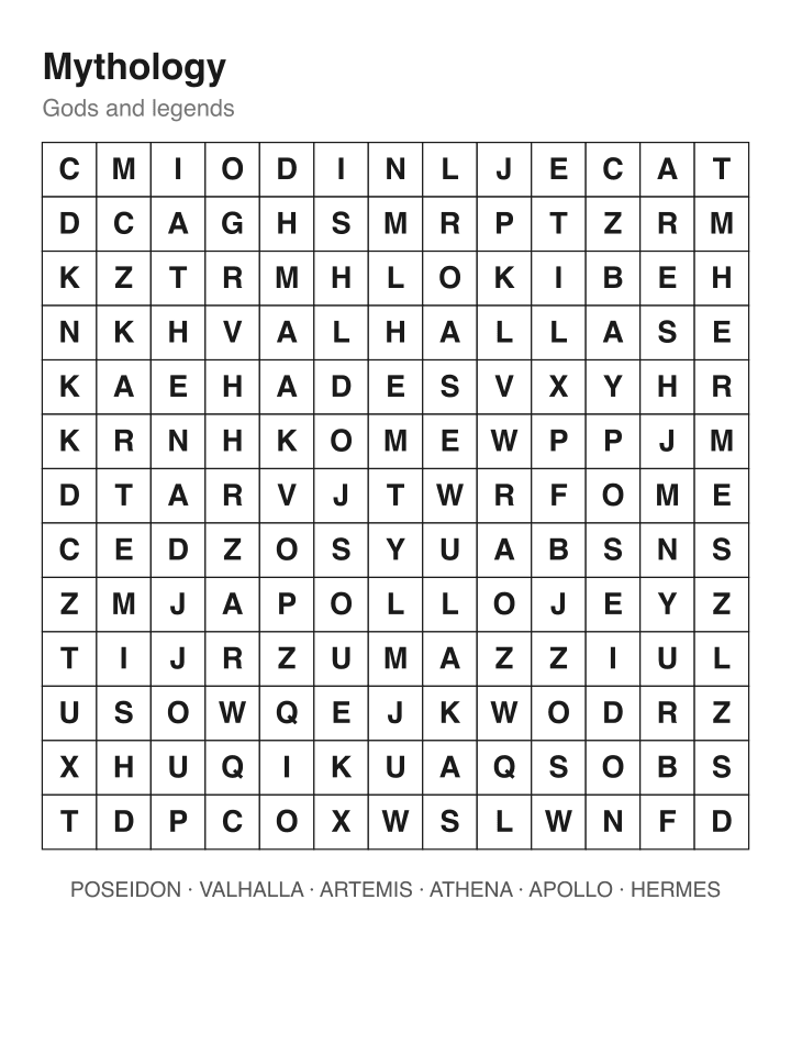 Mythology word search puzzle, 13 by 13 grid