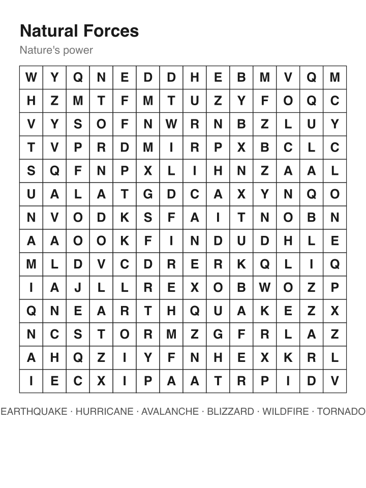 Natural Forces word search puzzle, 14 by 14 grid