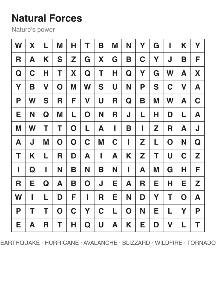 Natural Forces word search puzzle, 14 by 14 grid