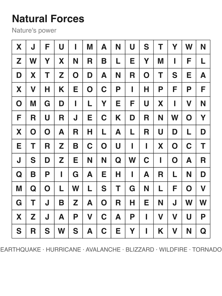 Natural Forces word search puzzle, 14 by 14 grid