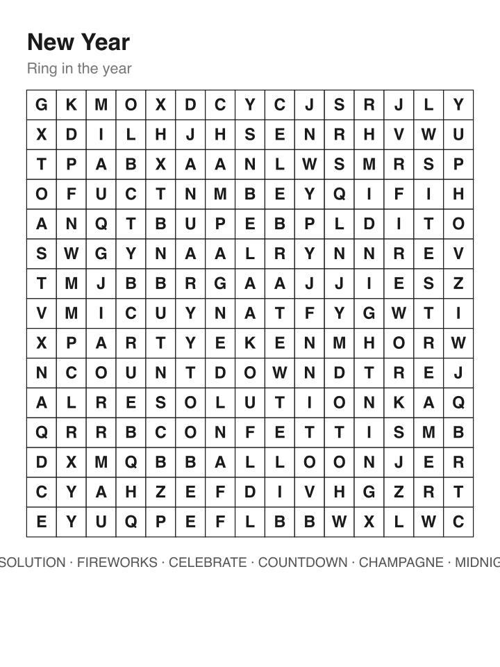 New Year word search puzzle, 15 by 15 grid