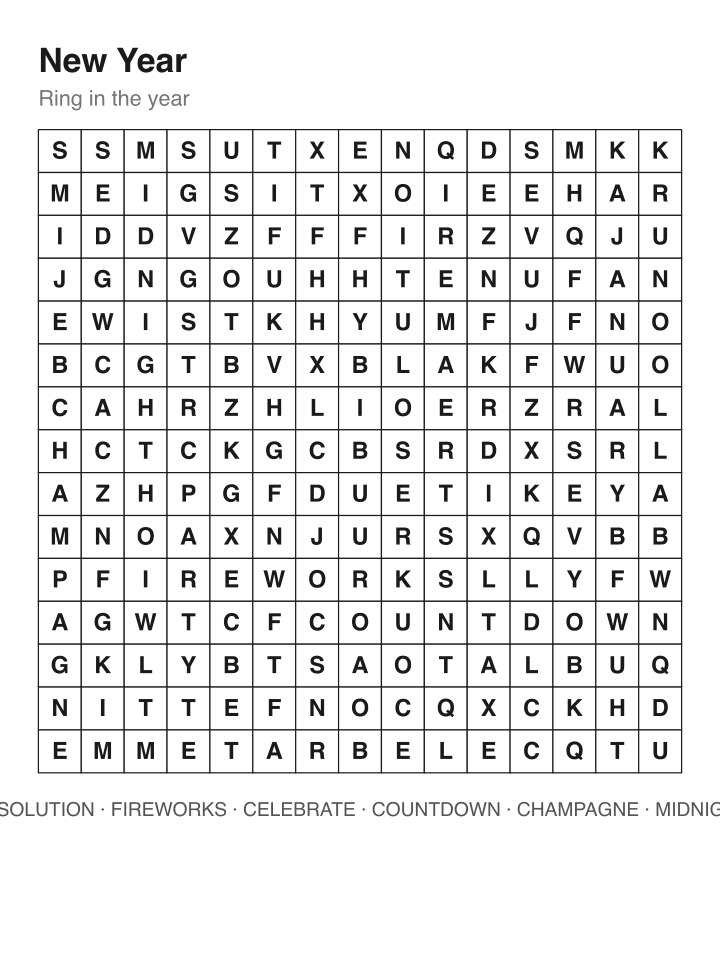 New Year word search puzzle, 15 by 15 grid