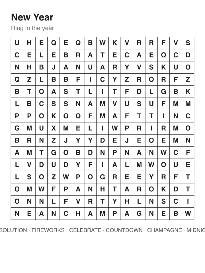 New Year word search puzzle, 15 by 15 grid