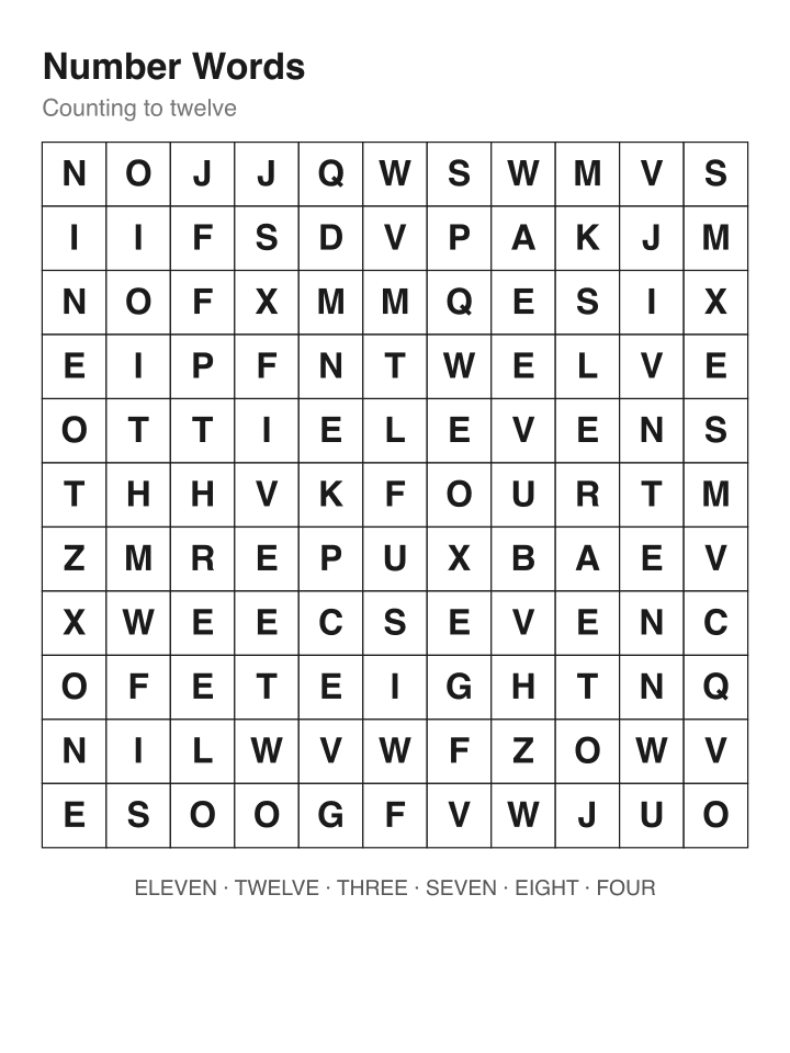 Number Words word search puzzle, 11 by 11 grid