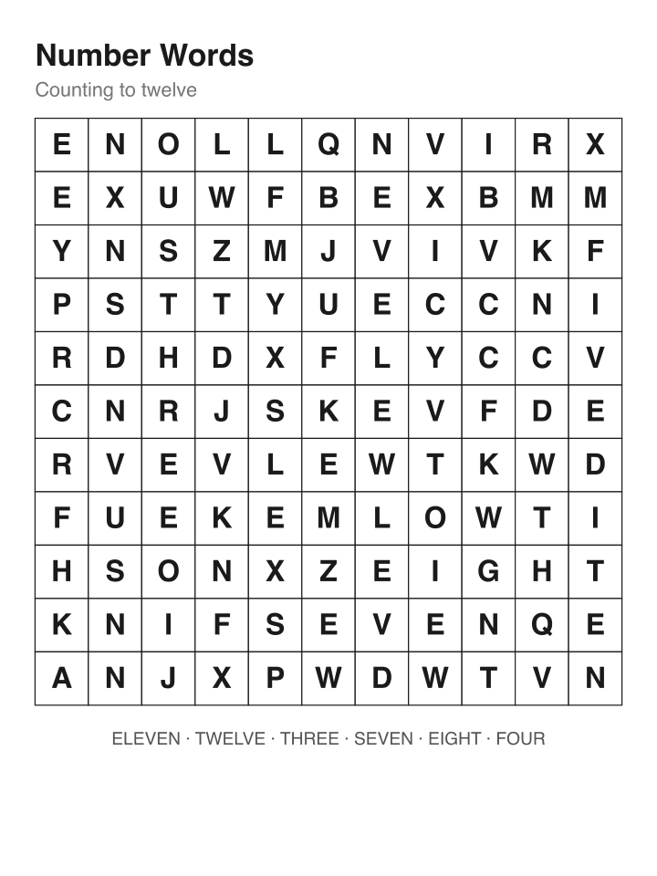 Number Words word search puzzle, 11 by 11 grid