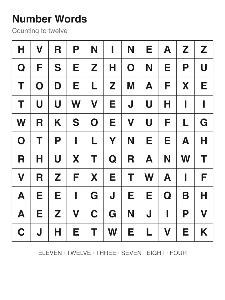 Number Words word search puzzle, 11 by 11 grid