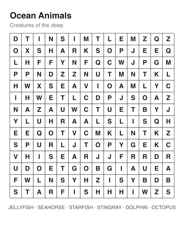 Ocean Animals word search puzzle, 14 by 14 grid