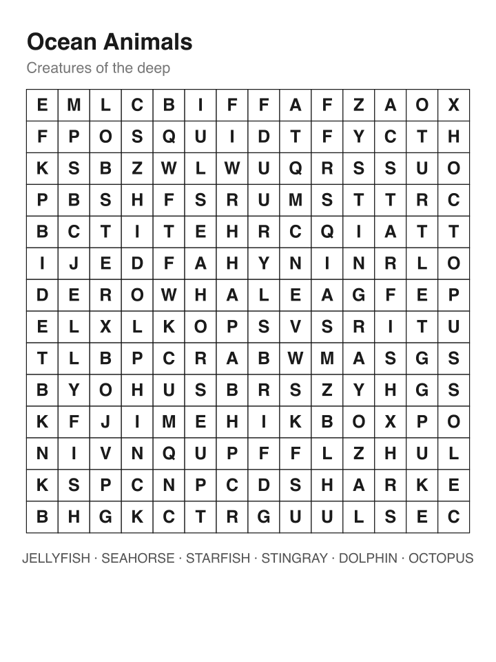 Ocean Animals word search puzzle, 14 by 14 grid