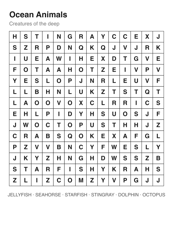 Ocean Animals word search puzzle, 14 by 14 grid