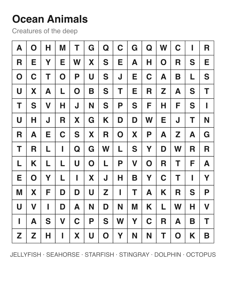 Ocean Animals word search puzzle, 14 by 14 grid