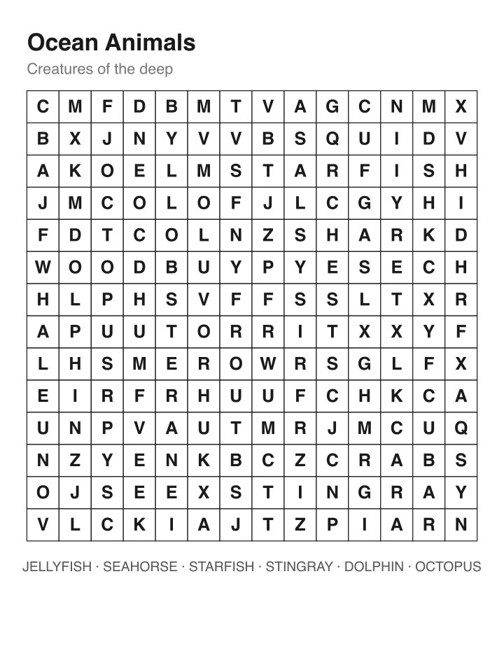 Ocean Animals word search puzzle, 14 by 14 grid