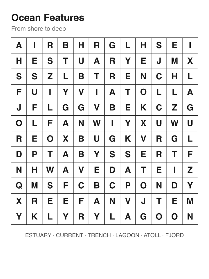 Ocean Features word search puzzle, 12 by 12 grid