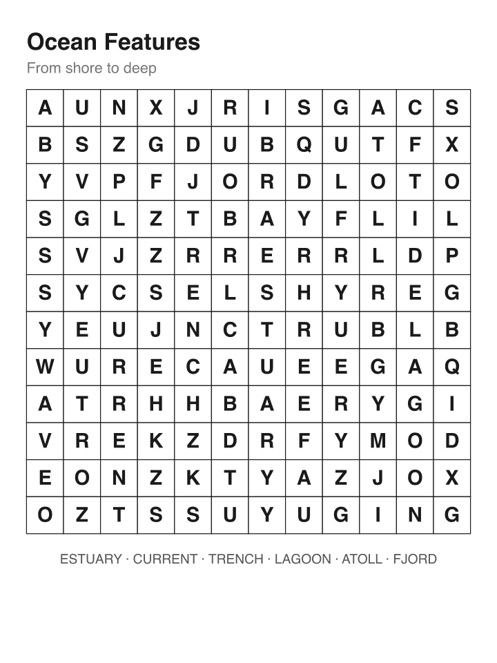 Ocean Features word search puzzle, 12 by 12 grid