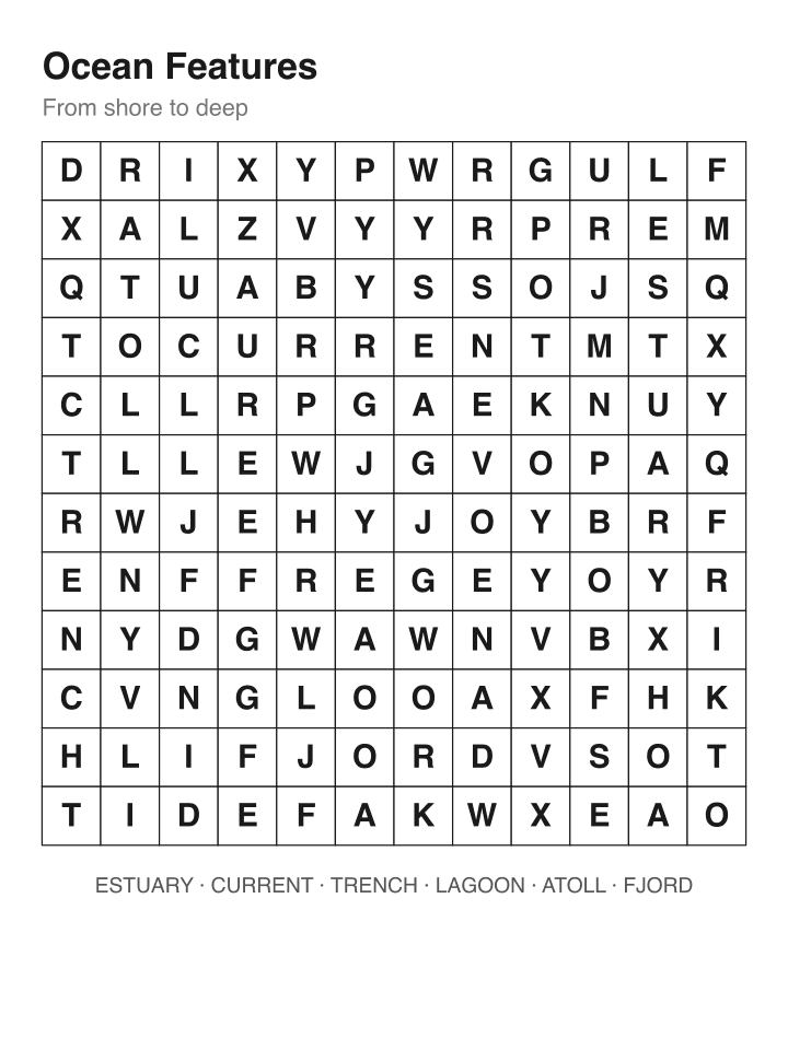 Ocean Features word search puzzle, 12 by 12 grid