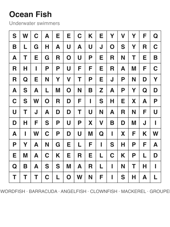 Ocean Fish word search puzzle, 14 by 14 grid