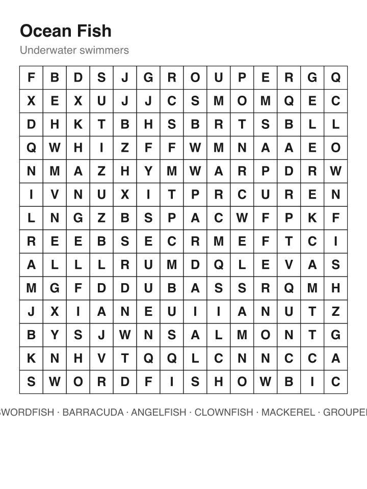 Ocean Fish word search puzzle, 14 by 14 grid