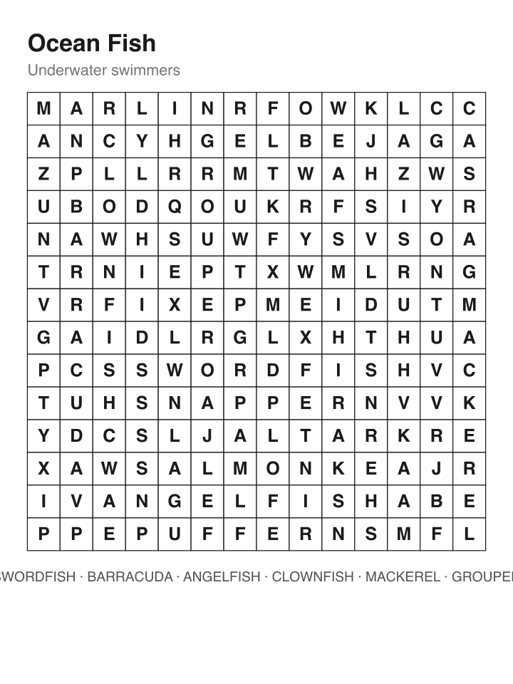 Ocean Fish word search puzzle, 14 by 14 grid