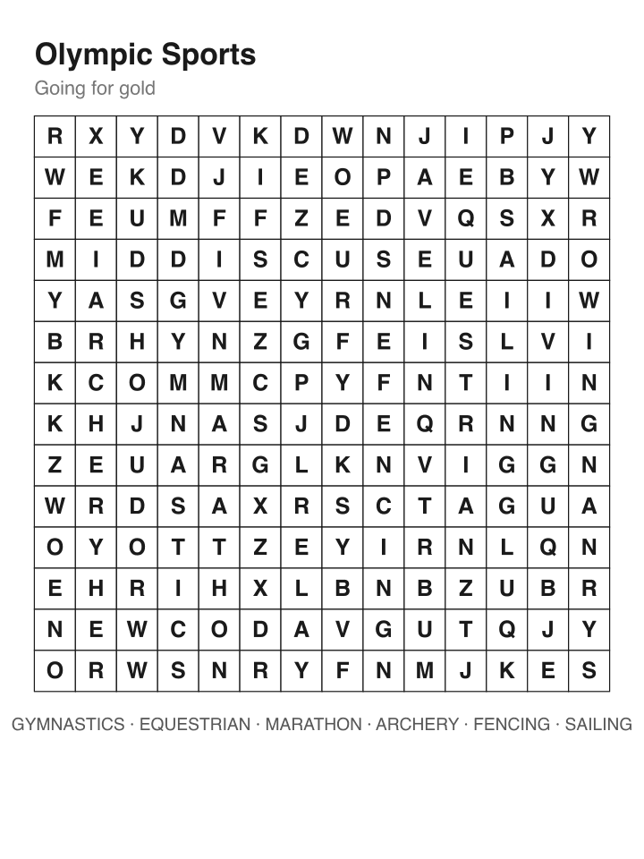 Olympic Sports word search puzzle, 14 by 14 grid