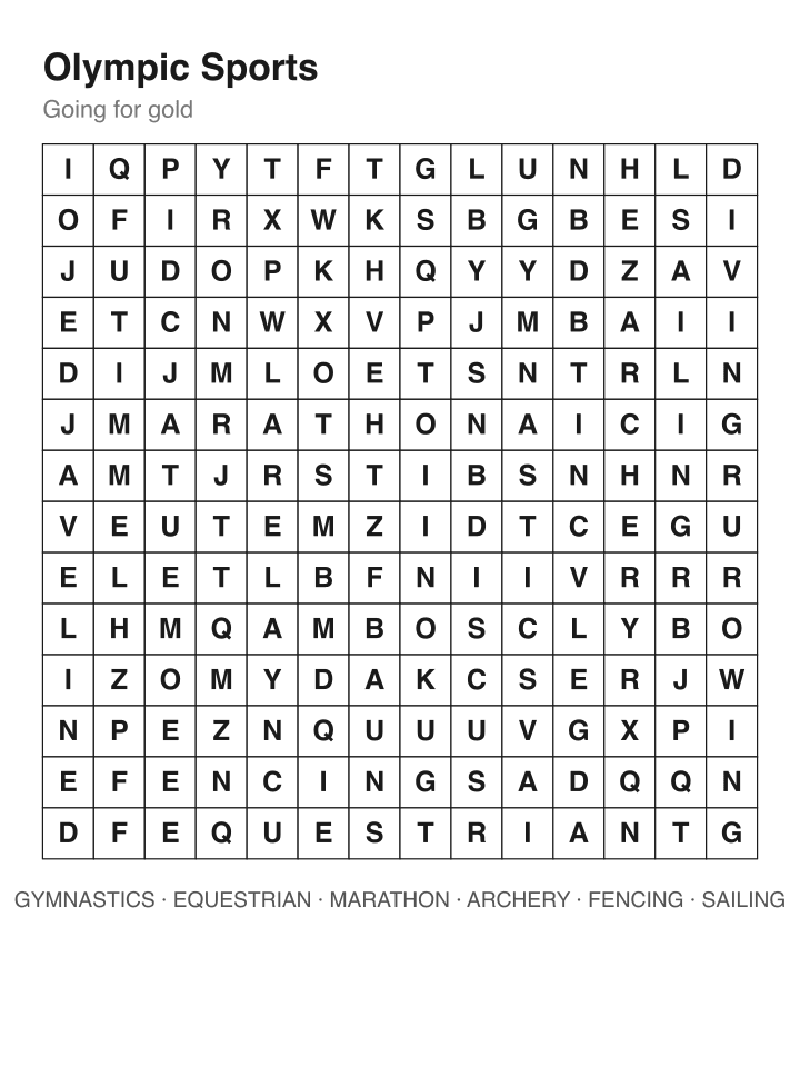 Olympic Sports word search puzzle, 14 by 14 grid