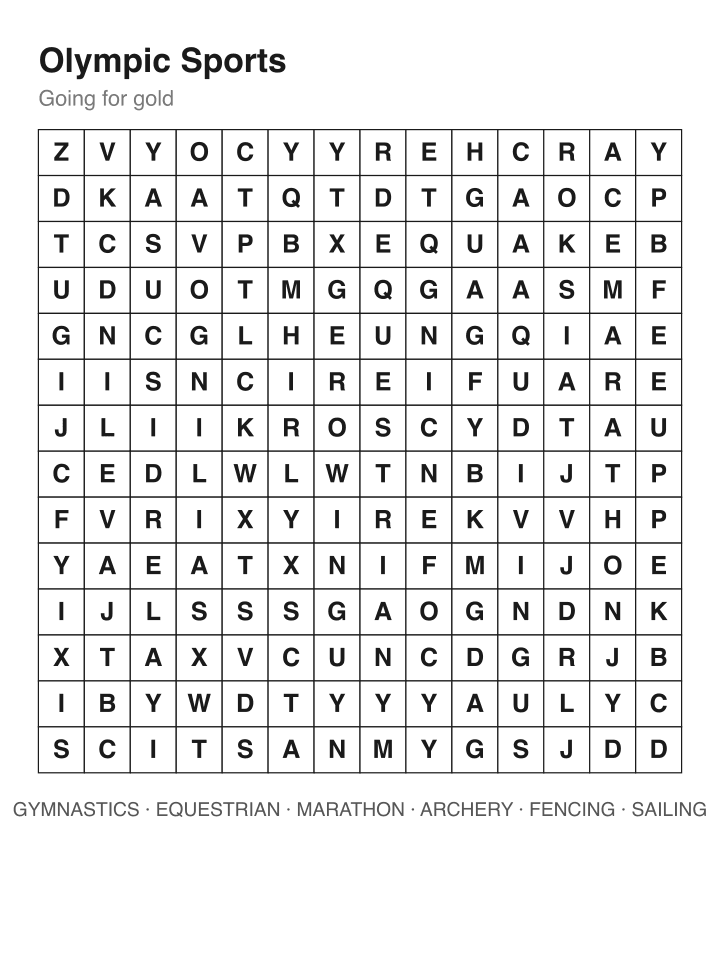 Olympic Sports word search puzzle, 14 by 14 grid