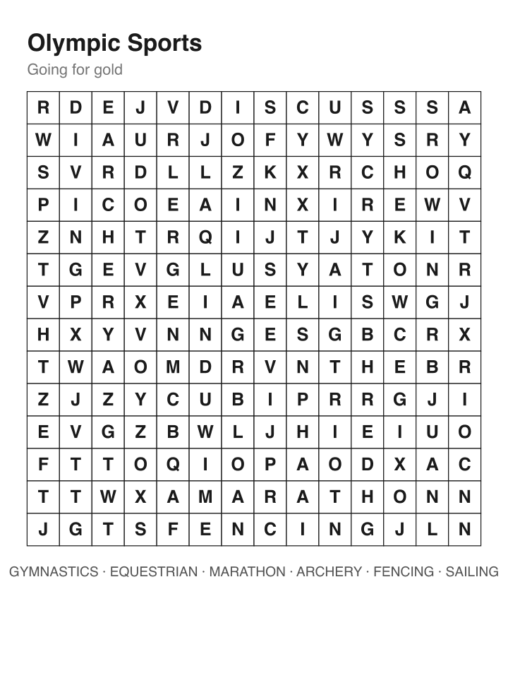 Olympic Sports word search puzzle, 14 by 14 grid