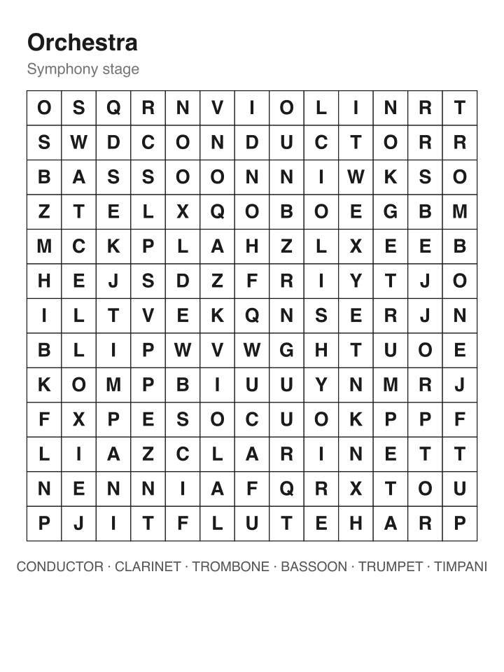 Orchestra word search puzzle, 13 by 13 grid