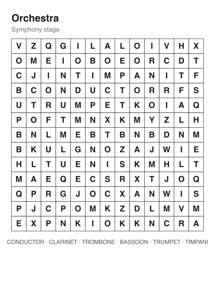 Orchestra word search puzzle, 13 by 13 grid