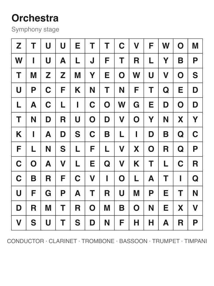 Orchestra word search puzzle, 13 by 13 grid
