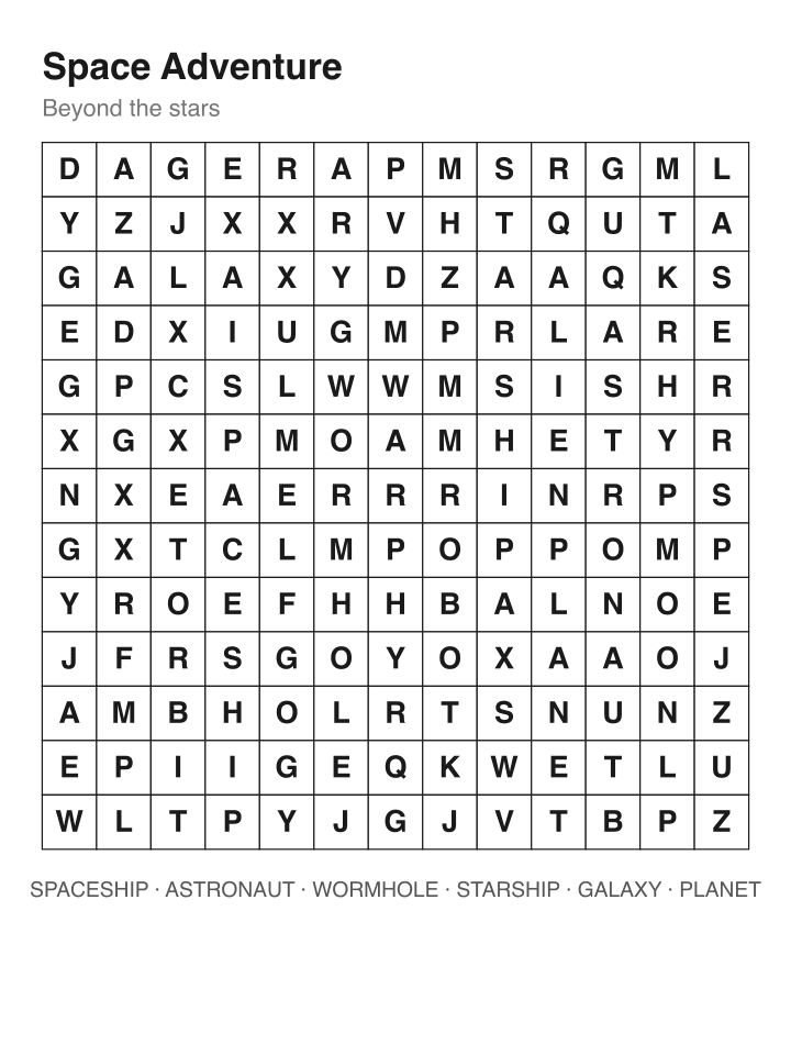 Space Adventure word search puzzle, 13 by 13 grid