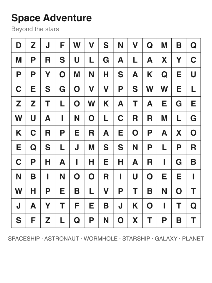 Space Adventure word search puzzle, 13 by 13 grid