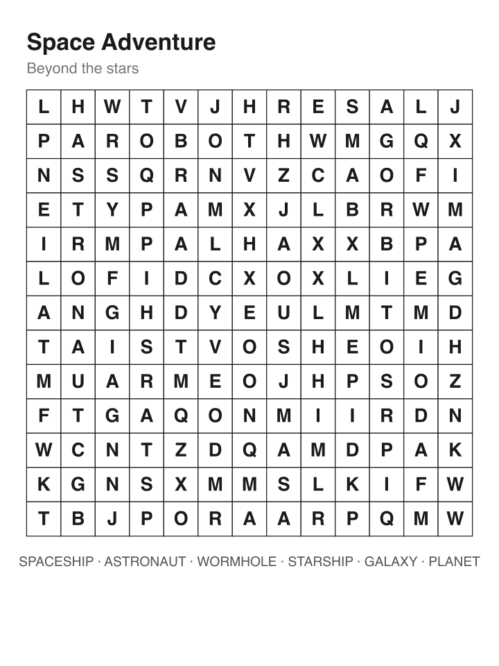 Space Adventure word search puzzle, 13 by 13 grid