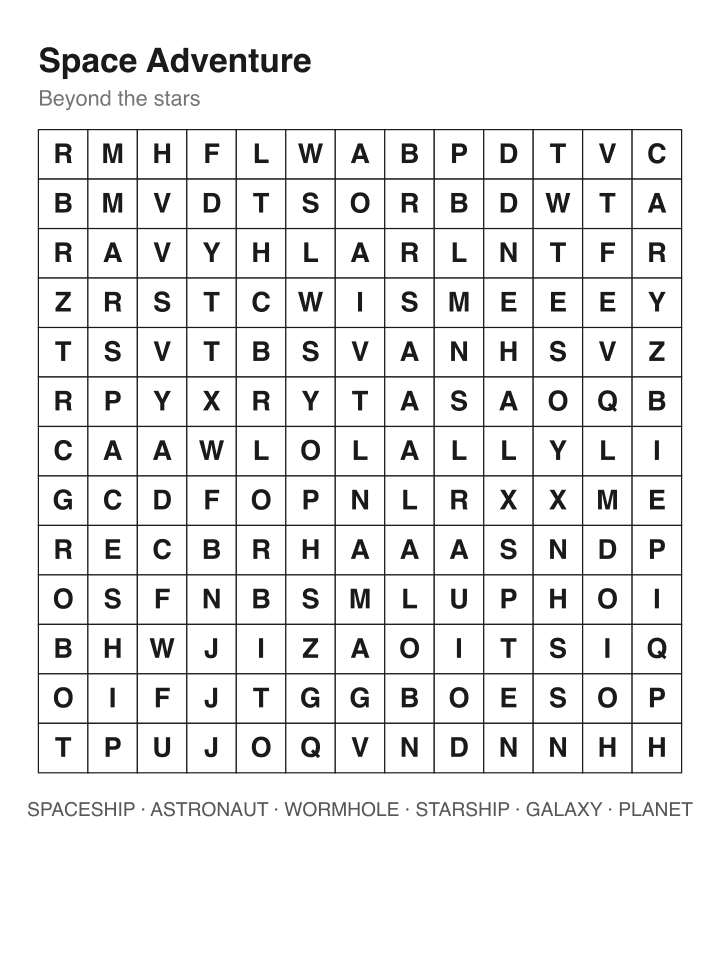 Space Adventure word search puzzle, 13 by 13 grid