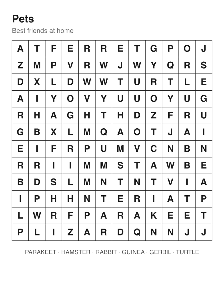 Pets word search puzzle, 12 by 12 grid